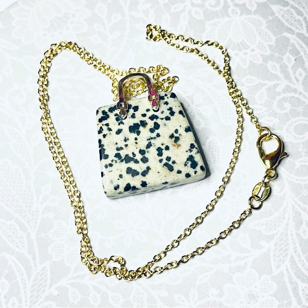 New Artisan 14k Gold Lady Christian Dior Dalmatian Jasper Handbag Necklace - Picture 7 of 17